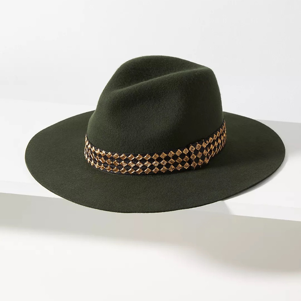 Maradji Ribbon-Trimmed Wool Felt Rancher in Green M/L BS11